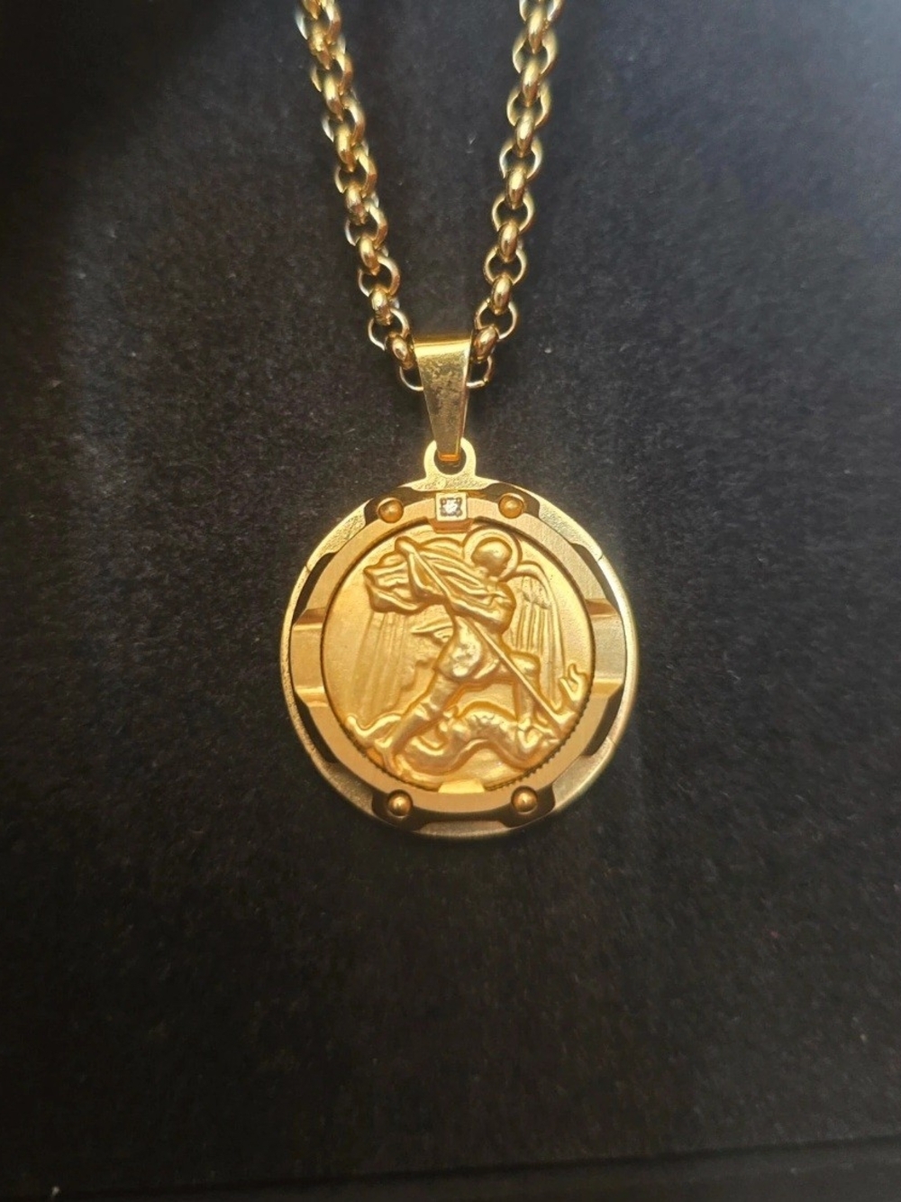 Vintage Gold-Tone Stainless Steel With Genuine Diamond St. Michael Pendant